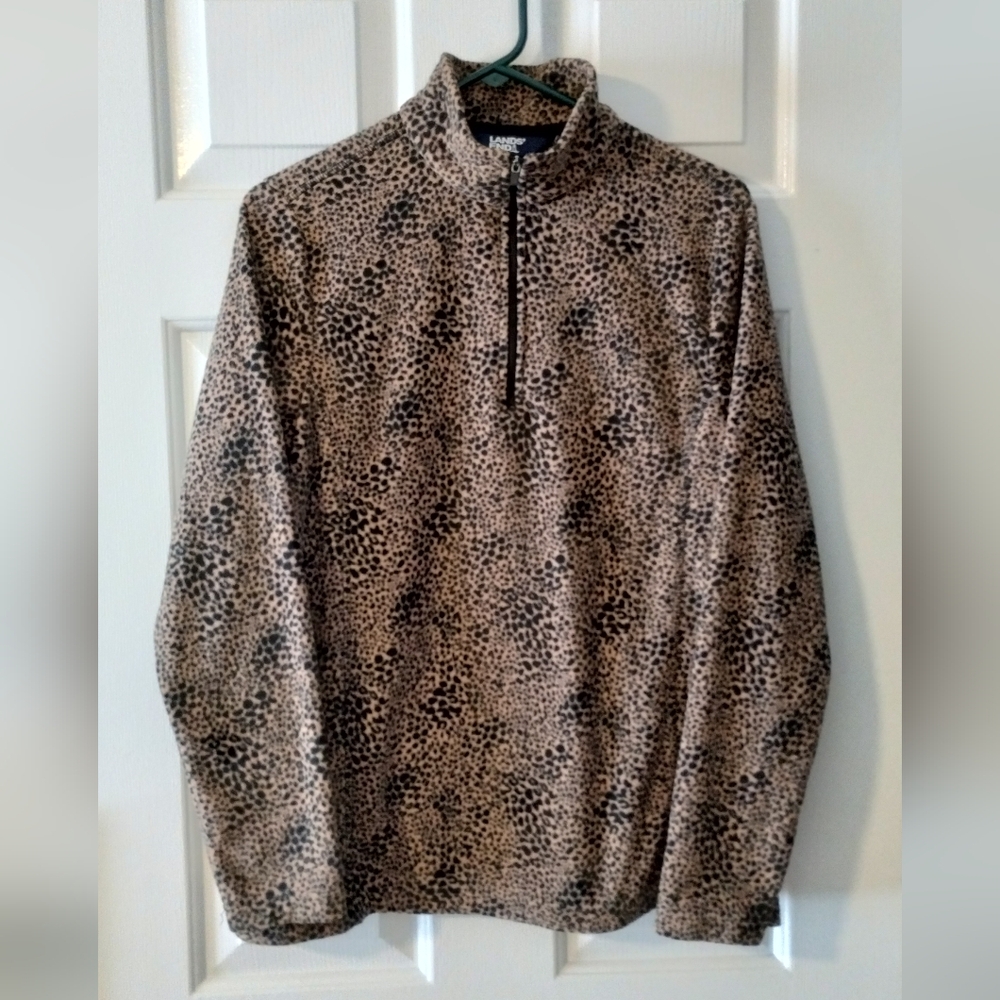 Lands End Leopard Fleece Quarter Zip Sweater